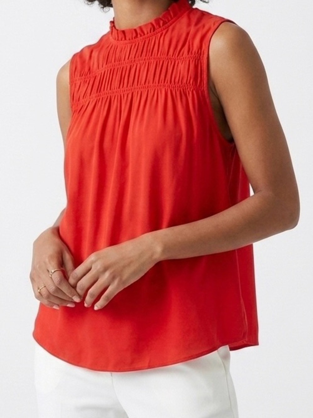 Joie Cayenne Red Smocked Ruffle Neck Sleeveless Blouse Top NWT L
